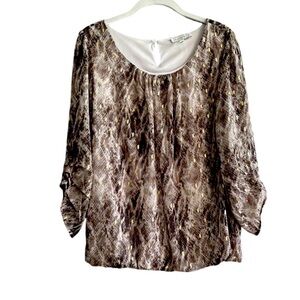 Blousology Chiffon Blouse Gold Metallic Flecks Scoop Neck Brown Cream Size M